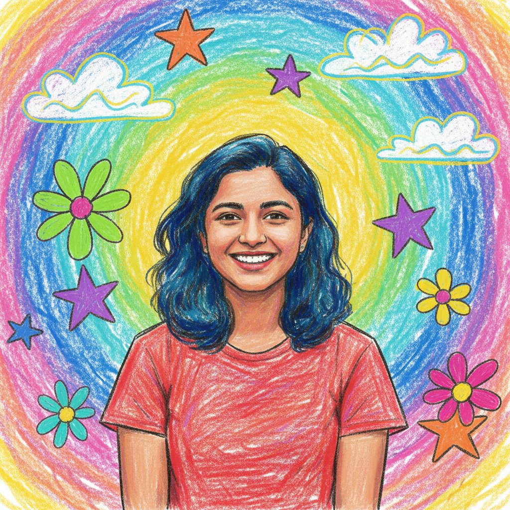 Playful Crayon — Dreamy Crayon Doodle Scene (Female)