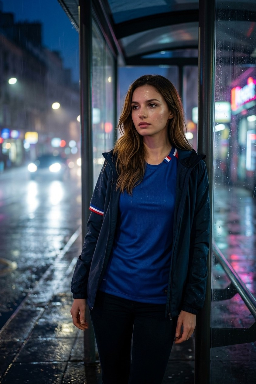 Supporter Lifestyle Portraits — rainy bus stop portrait (Female)