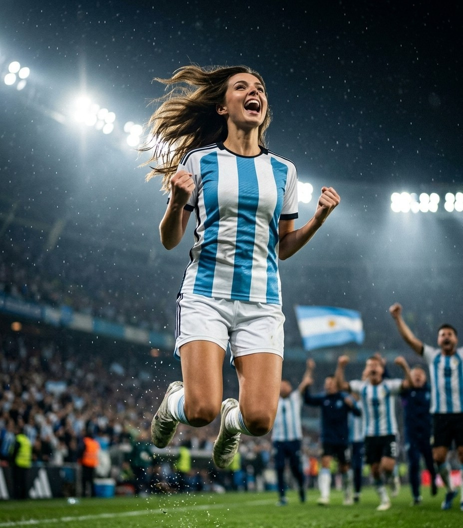 Fan flex portraits — floodlight jump celebration (Female)