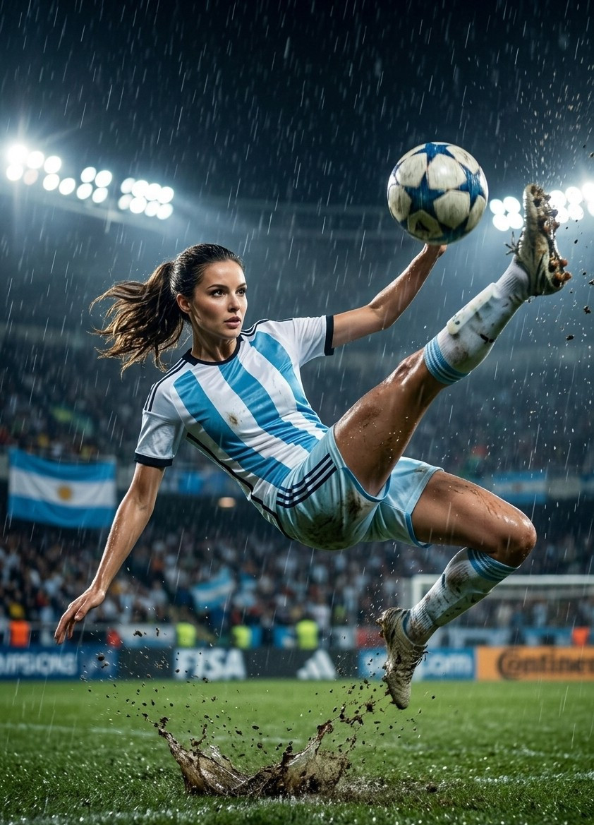 Fan flex portraits — bicycle kick under rain (Female)
