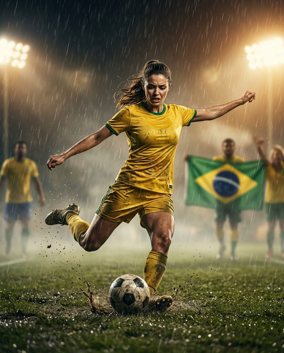 Fan flex portraits — rainy field kick (Female)