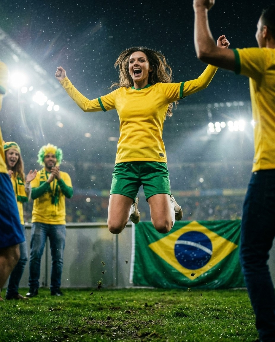 Fan flex portraits — floodlight jump celebration (Female)