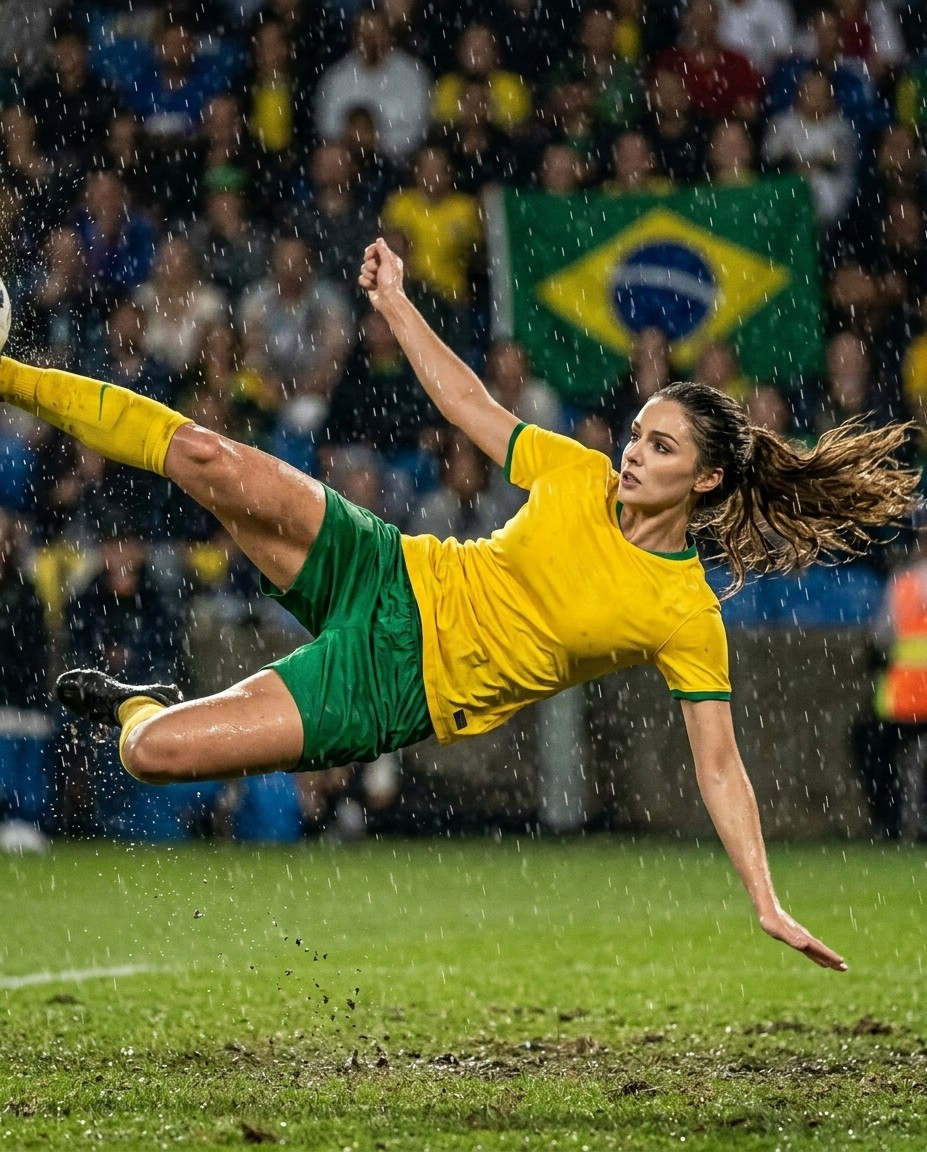 Fan flex portraits — bicycle kick under rain (Female)