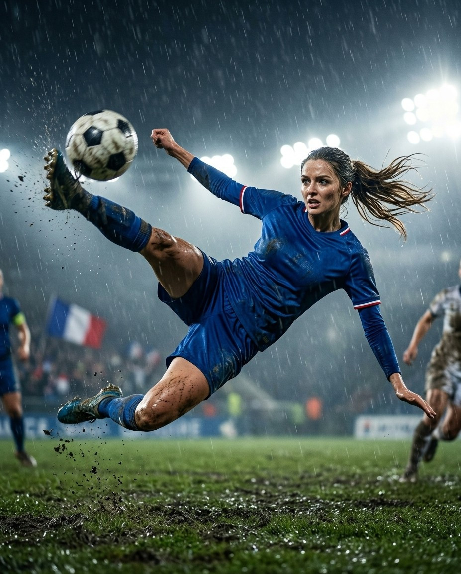 Fan flex portraits — bicycle kick under rain (Female)