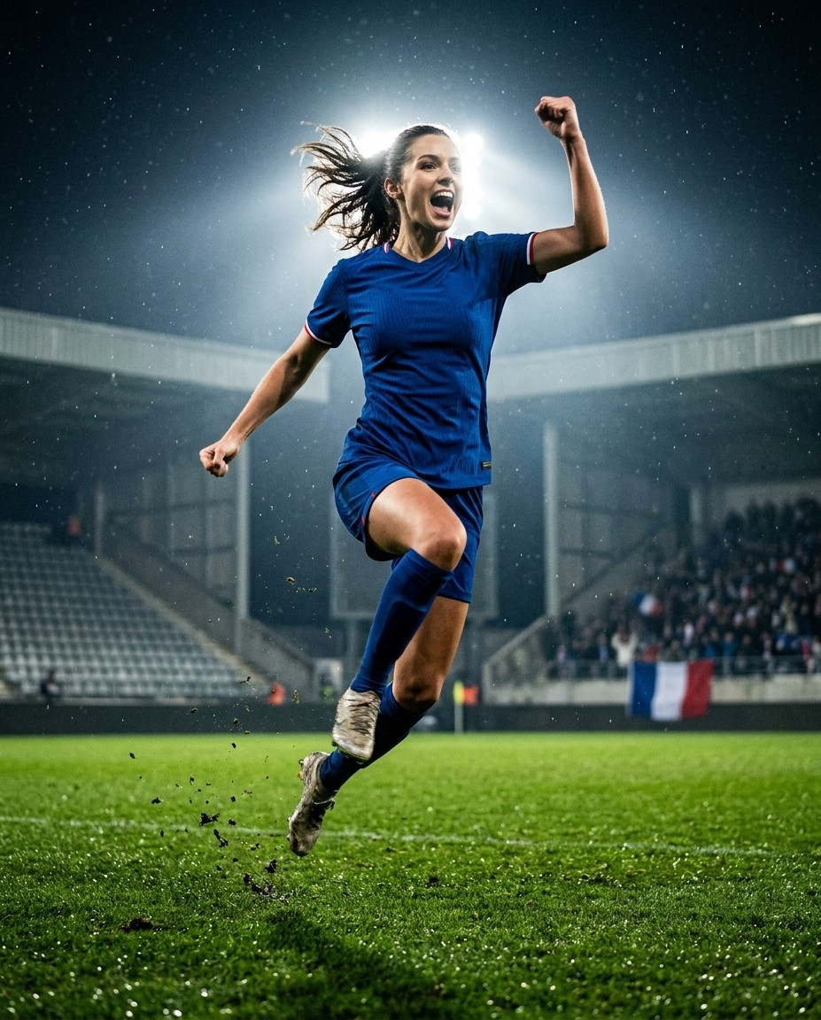 Fan flex portraits — floodlight jump celebration (Female)