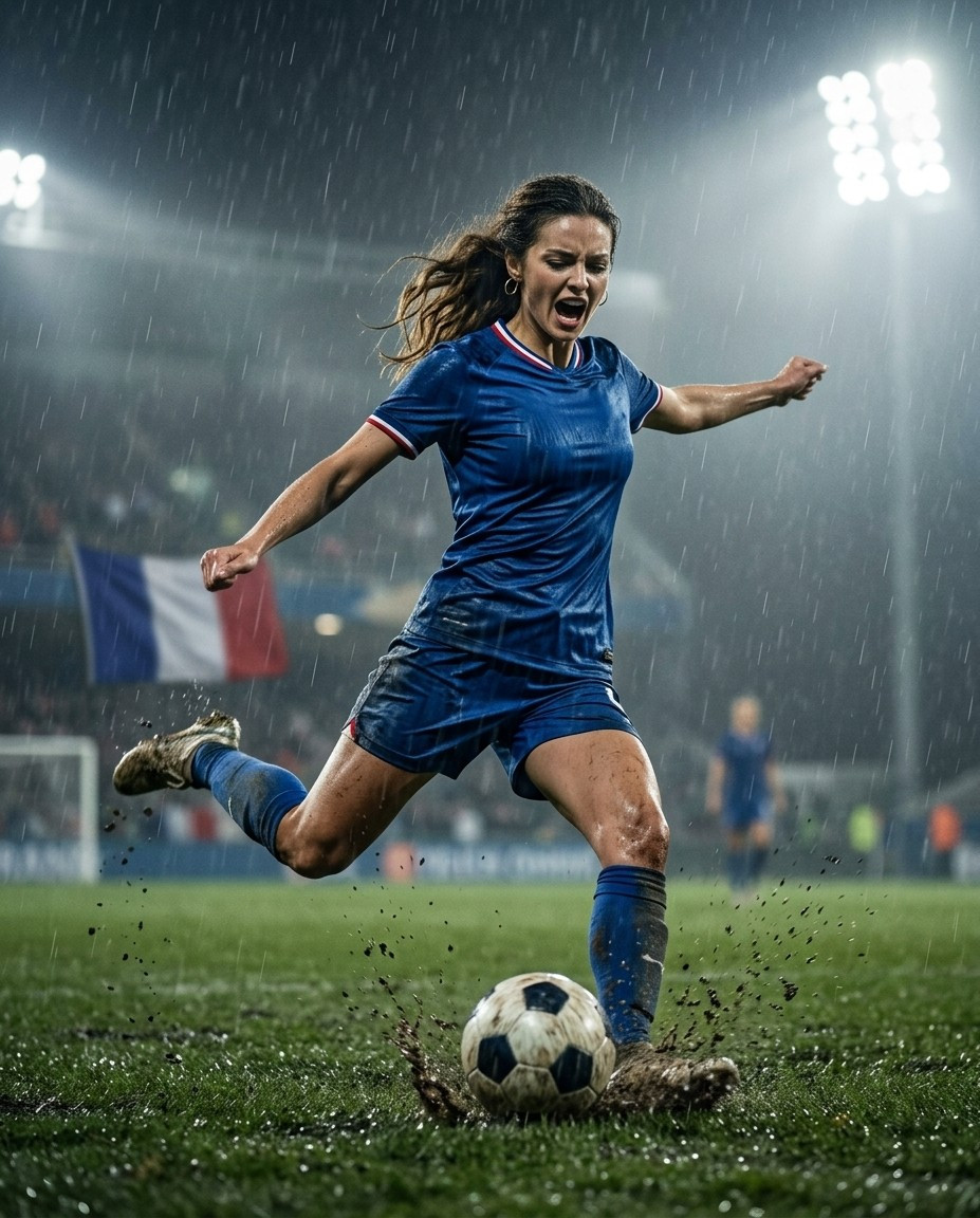 Fan flex portraits — rainy field kick (Female)