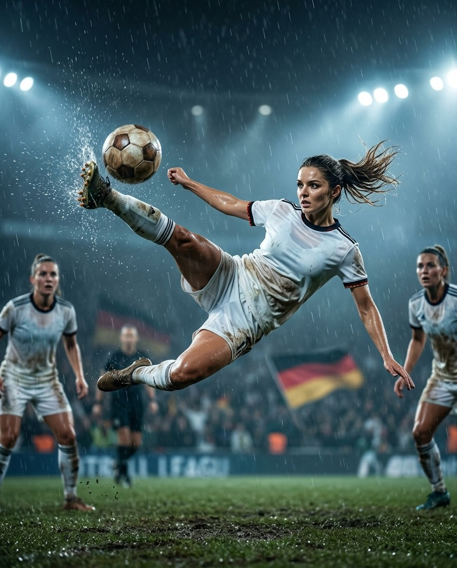 Fan flex portraits — bicycle kick under rain (Female)