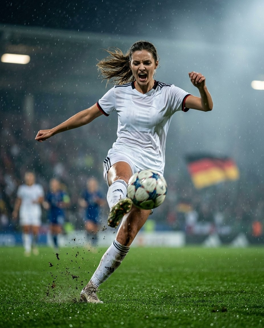 Fan flex portraits — rainy field kick (Female)