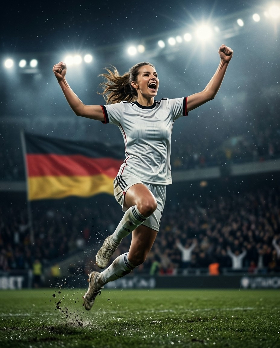 Fan flex portraits — floodlight jump celebration (Female)