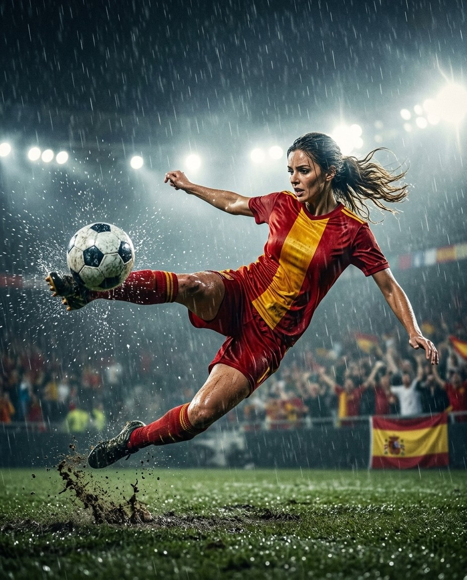 Fan flex portraits — bicycle kick under rain (Female)