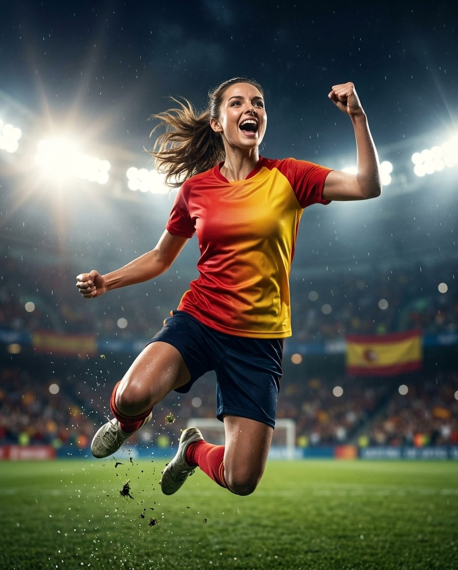 Fan flex portraits — floodlight jump celebration (Female)