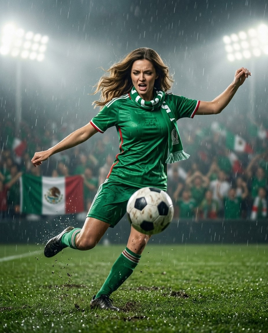 Fan flex portraits — rainy field kick (Female)
