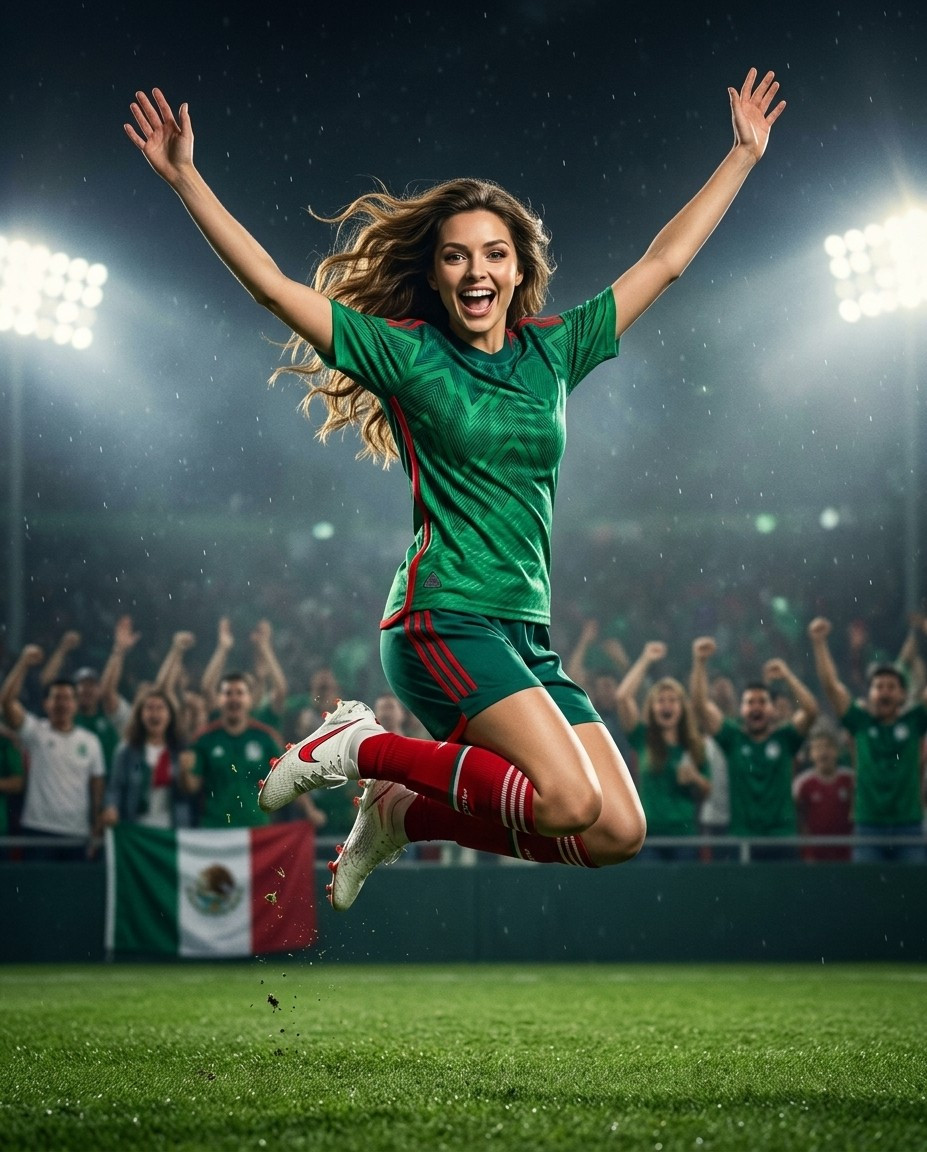 Fan flex portraits — floodlight jump celebration (Female)