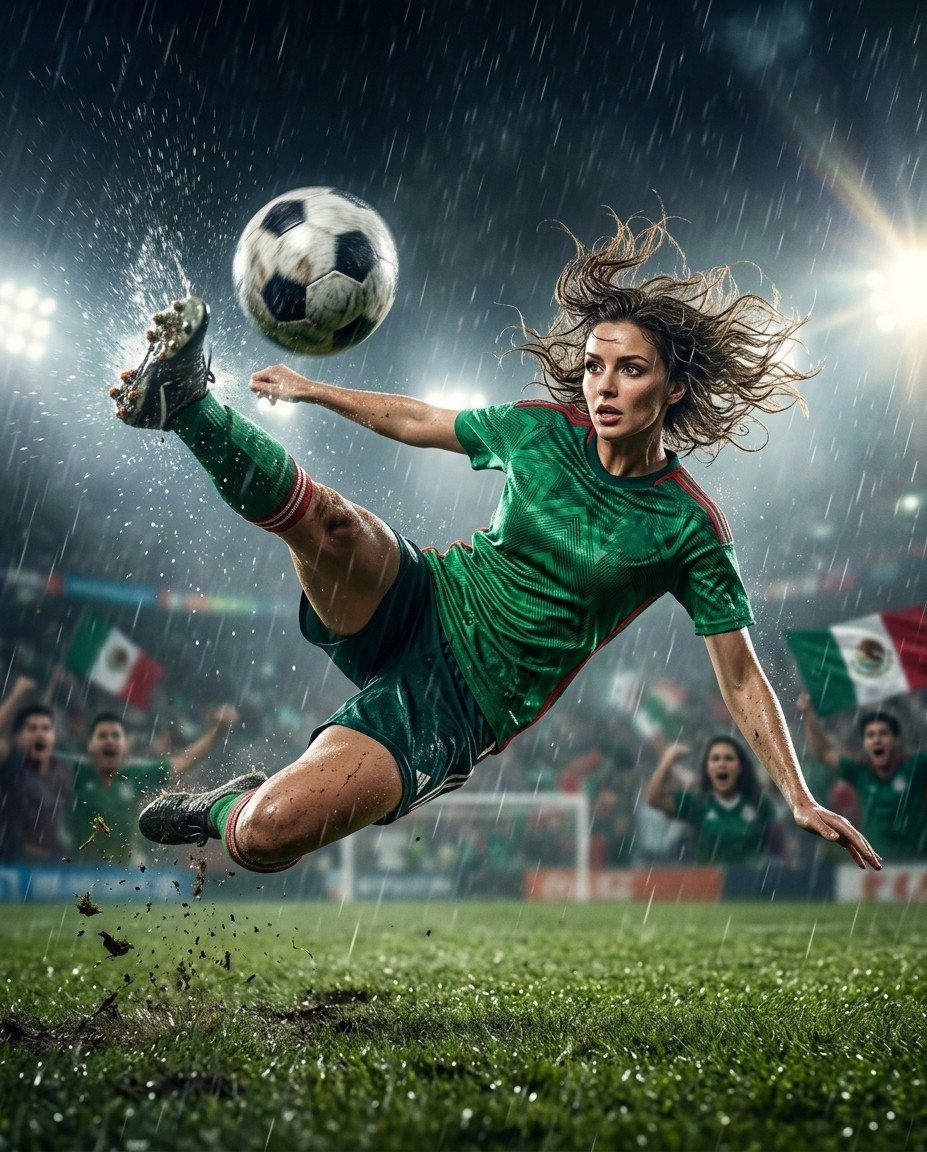 Fan flex portraits — bicycle kick under rain (Female)