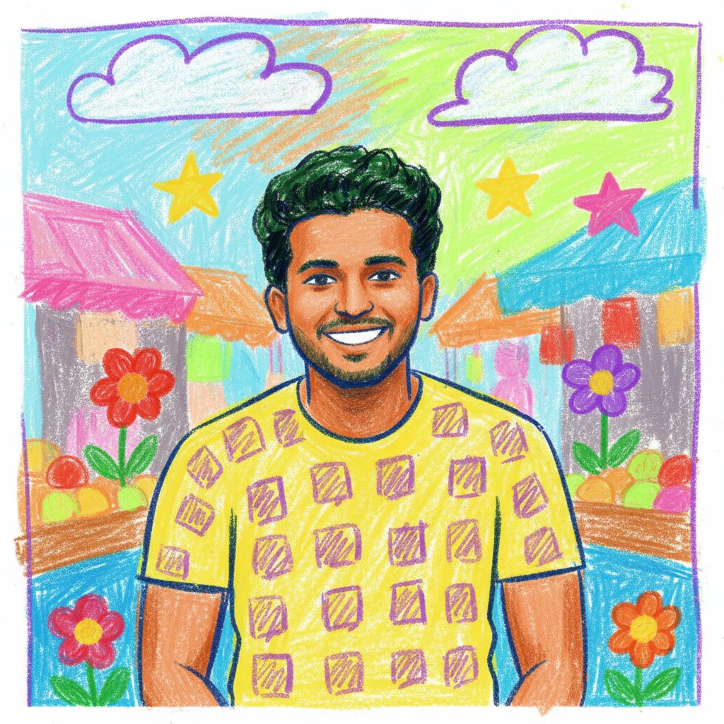 Playful Crayon — Dreamy Crayon Doodle Scene (Male)
