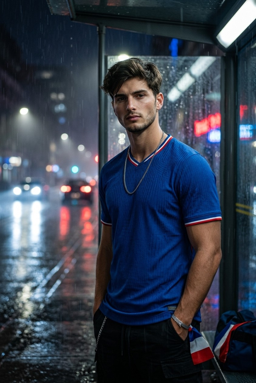 Supporter Lifestyle Portraits — rainy bus stop portrait (Male)