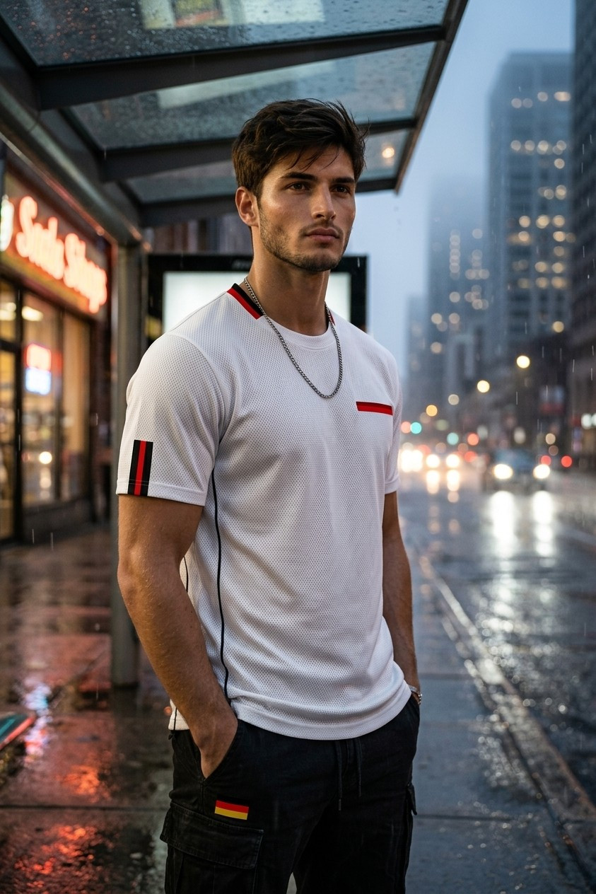 Supporter Lifestyle Portraits — rainy bus stop portrait (Male)