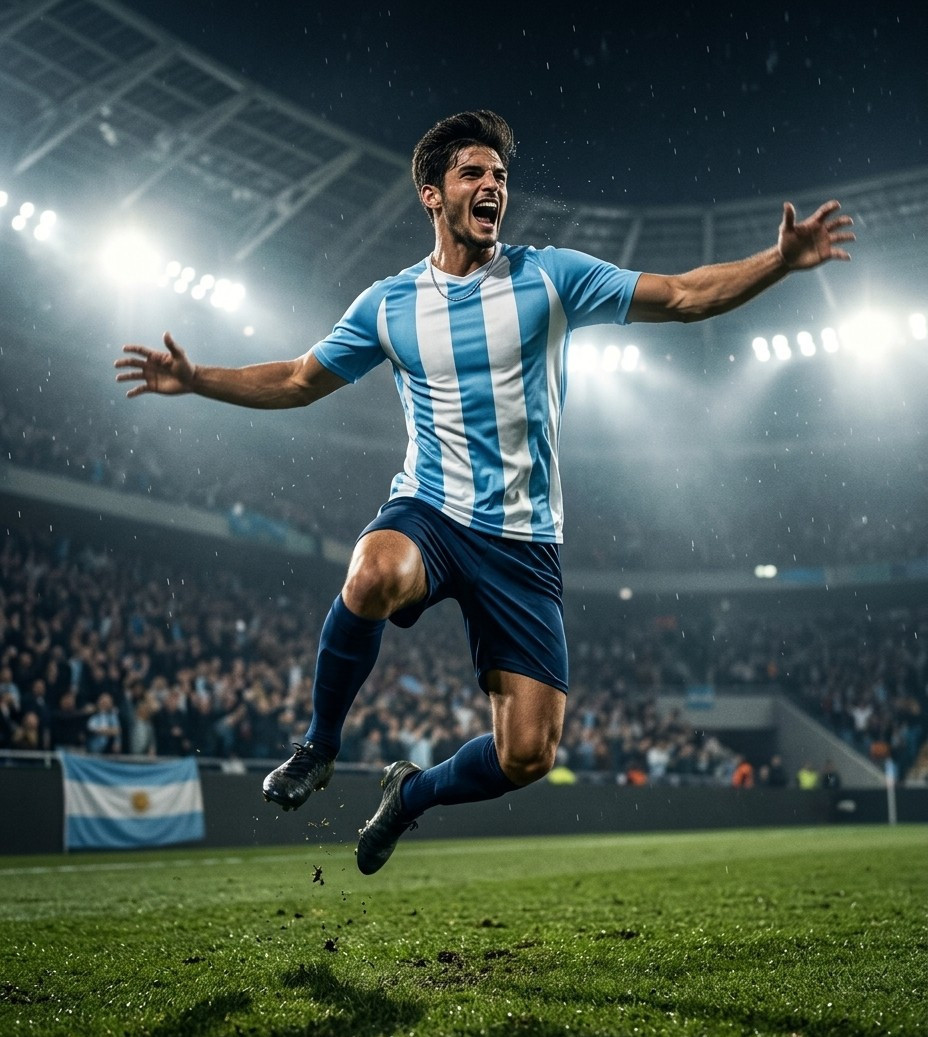 Fan flex portraits — floodlight jump celebration (Male)