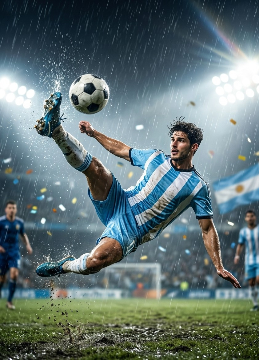 Fan flex portraits — bicycle kick under rain (Male)