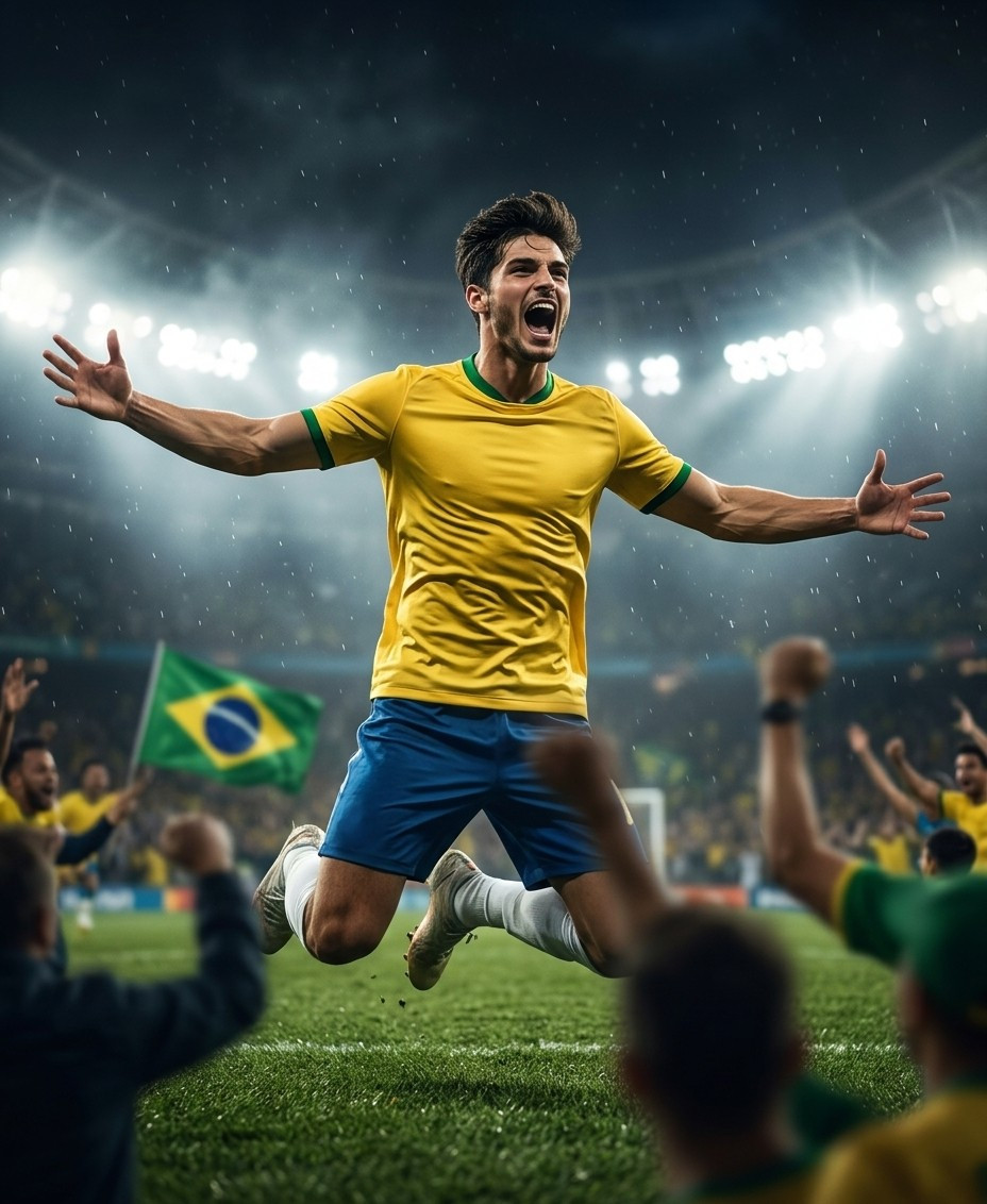Fan flex portraits — floodlight jump celebration (Male)