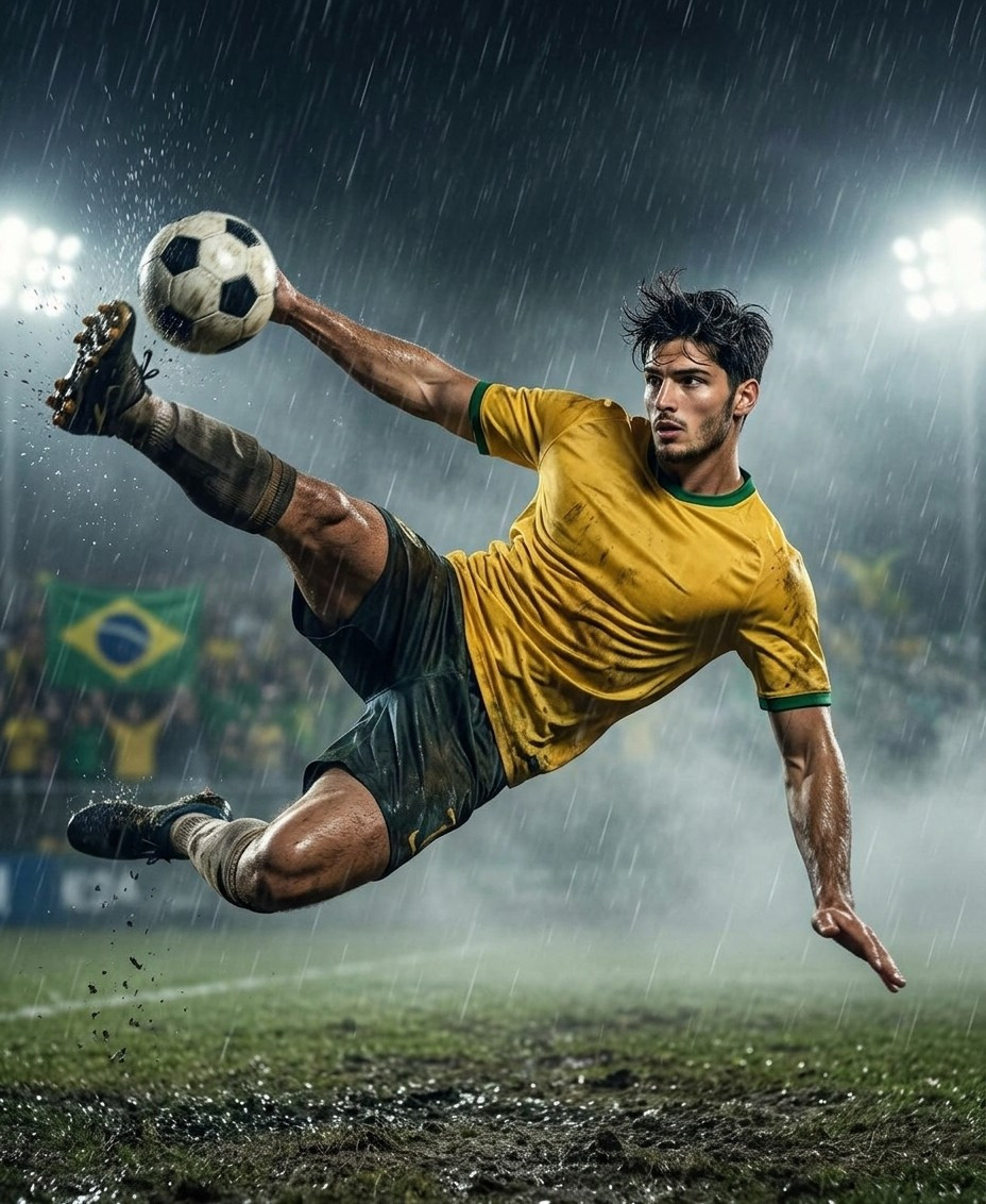 Fan flex portraits — bicycle kick under rain (Male)