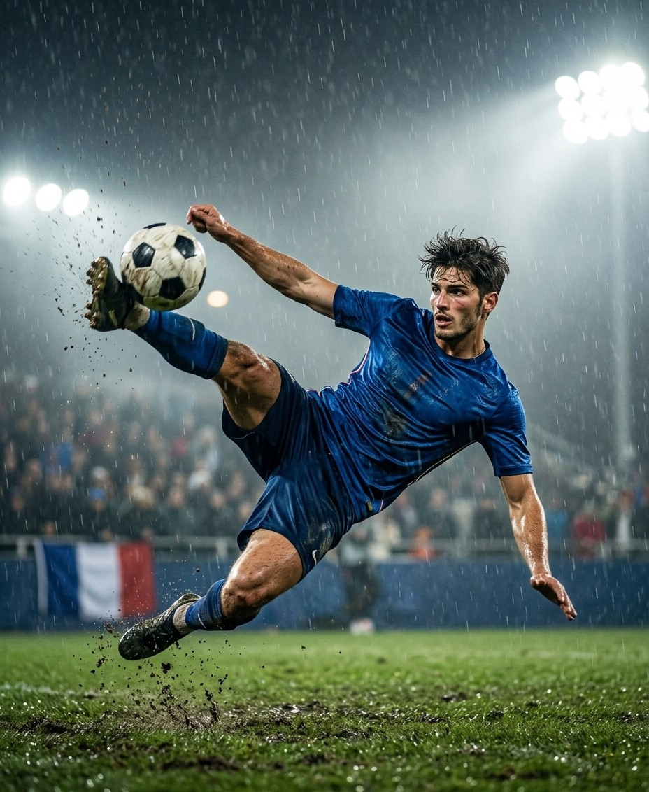 Fan flex portraits — bicycle kick under rain (Male)