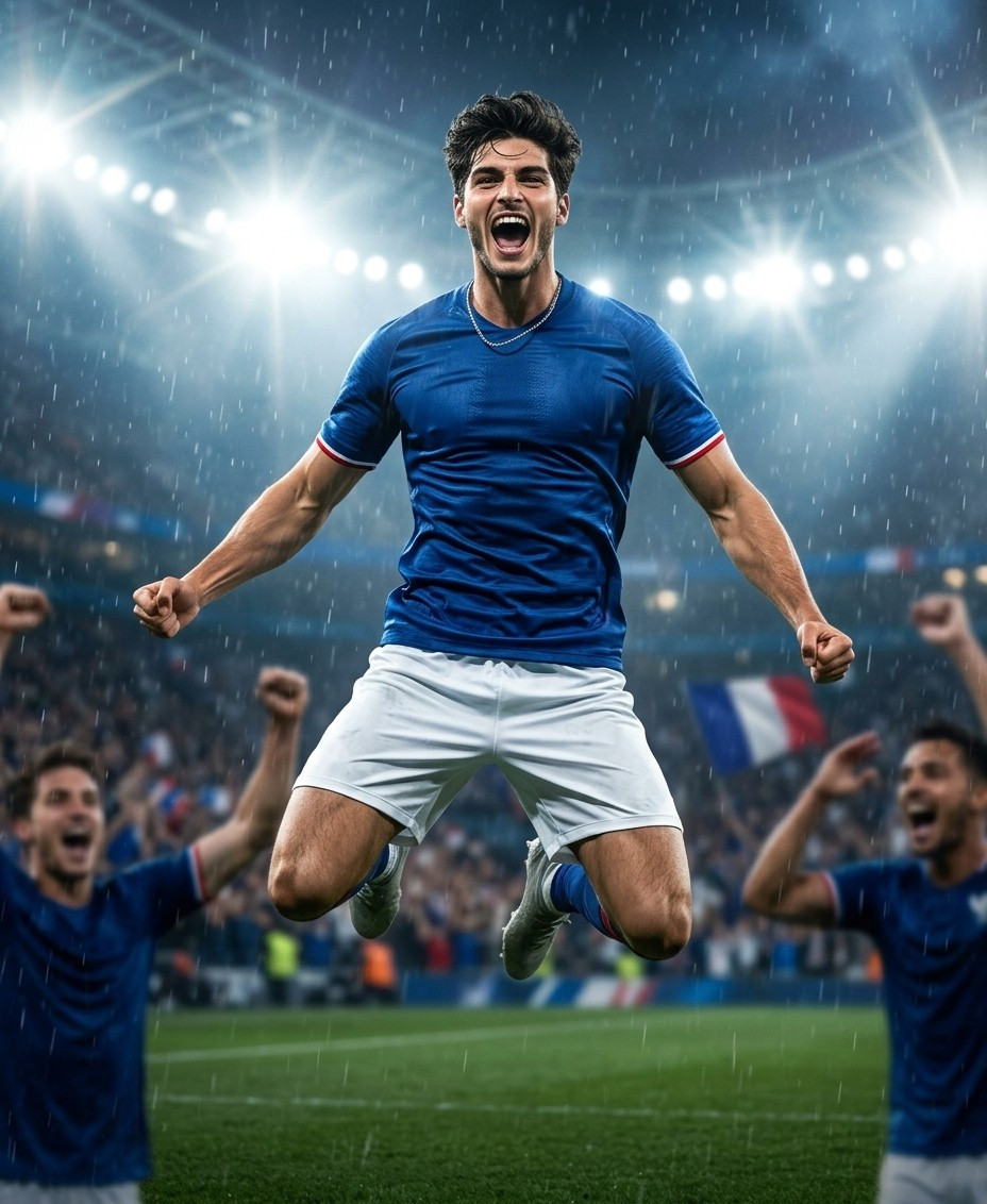 Fan flex portraits — floodlight jump celebration (Male)
