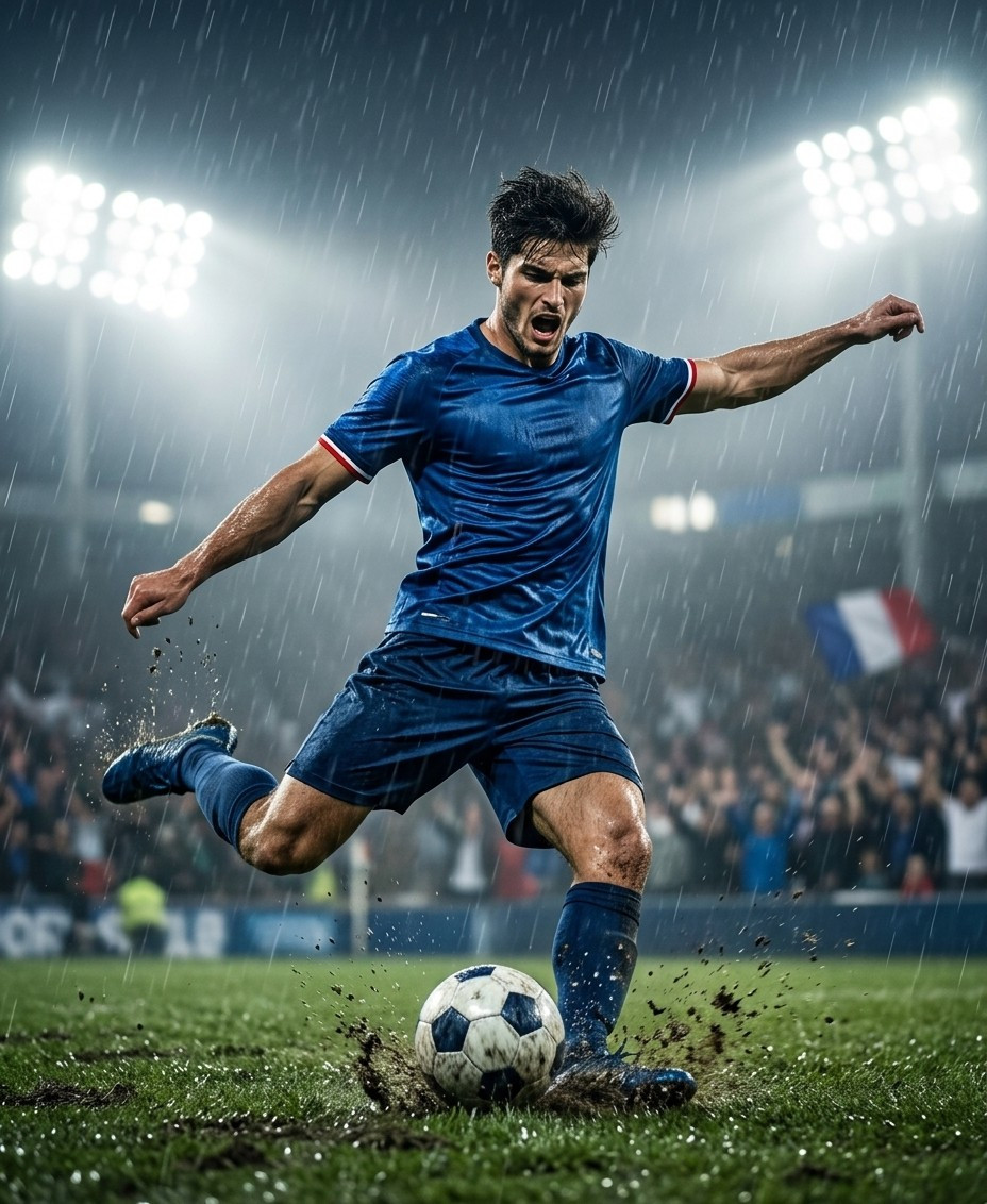 Fan flex portraits — rainy field kick (Male)