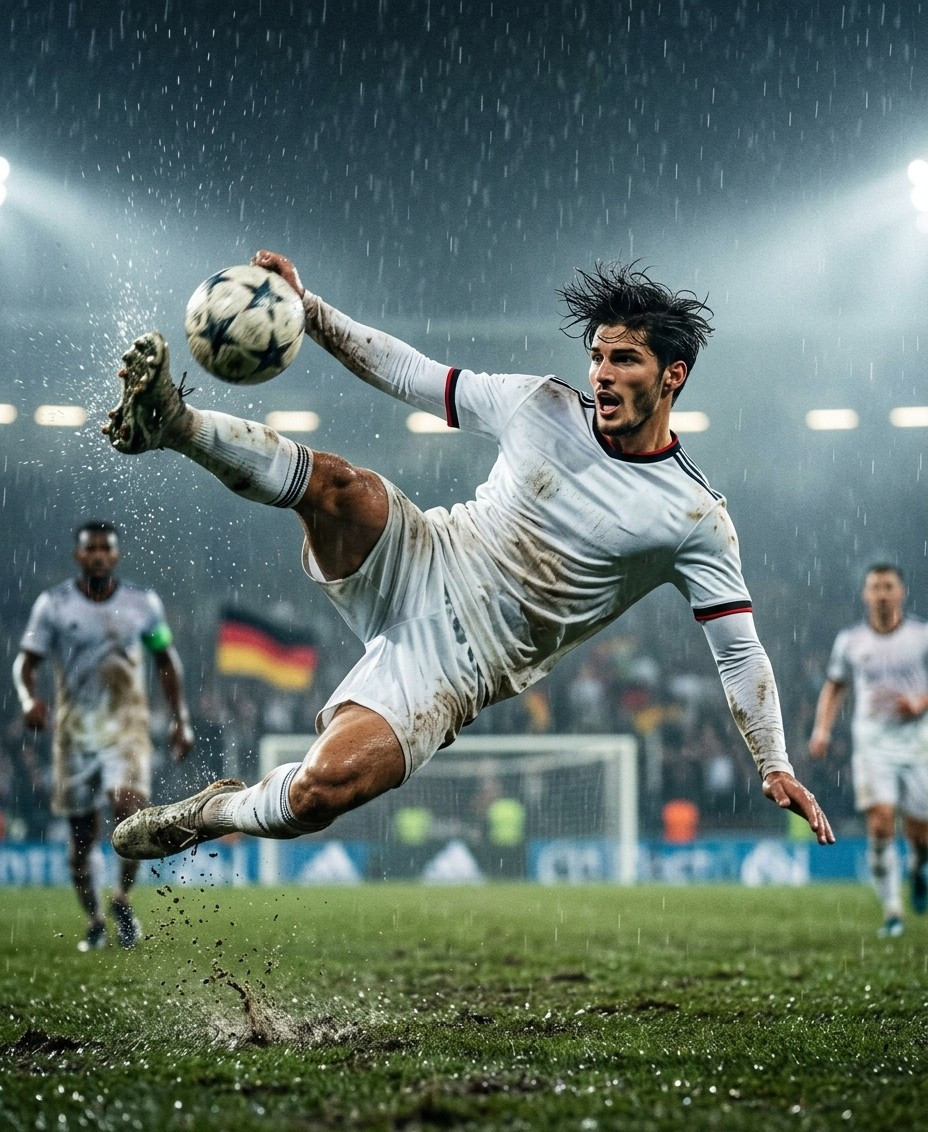 Fan flex portraits — bicycle kick under rain (Male)