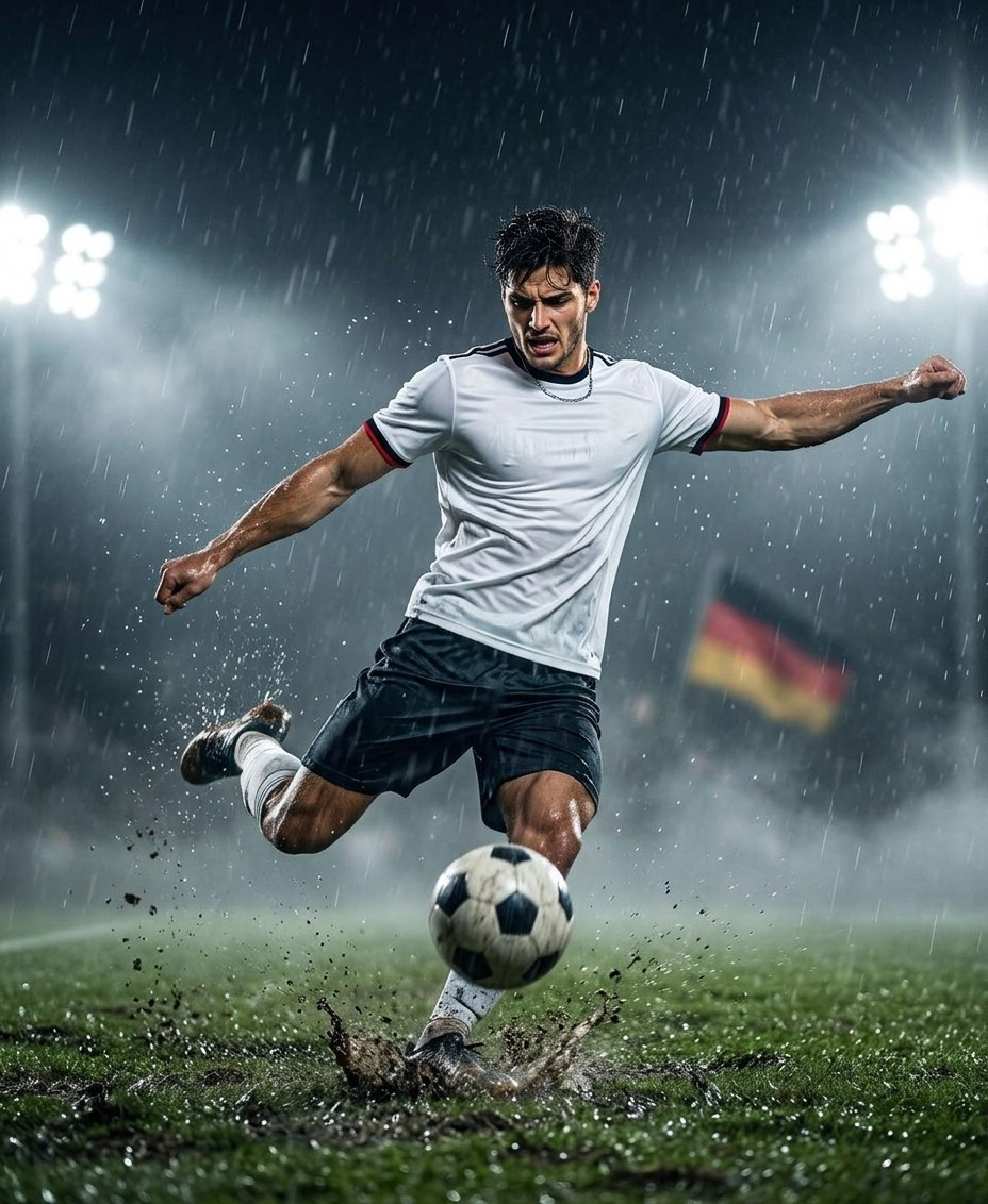 Fan flex portraits — rainy field kick (Male)