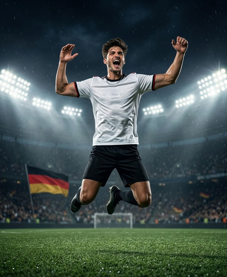 Fan flex portraits — floodlight jump celebration (Male)