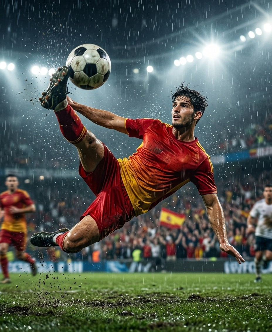 Fan flex portraits — bicycle kick under rain (Male)