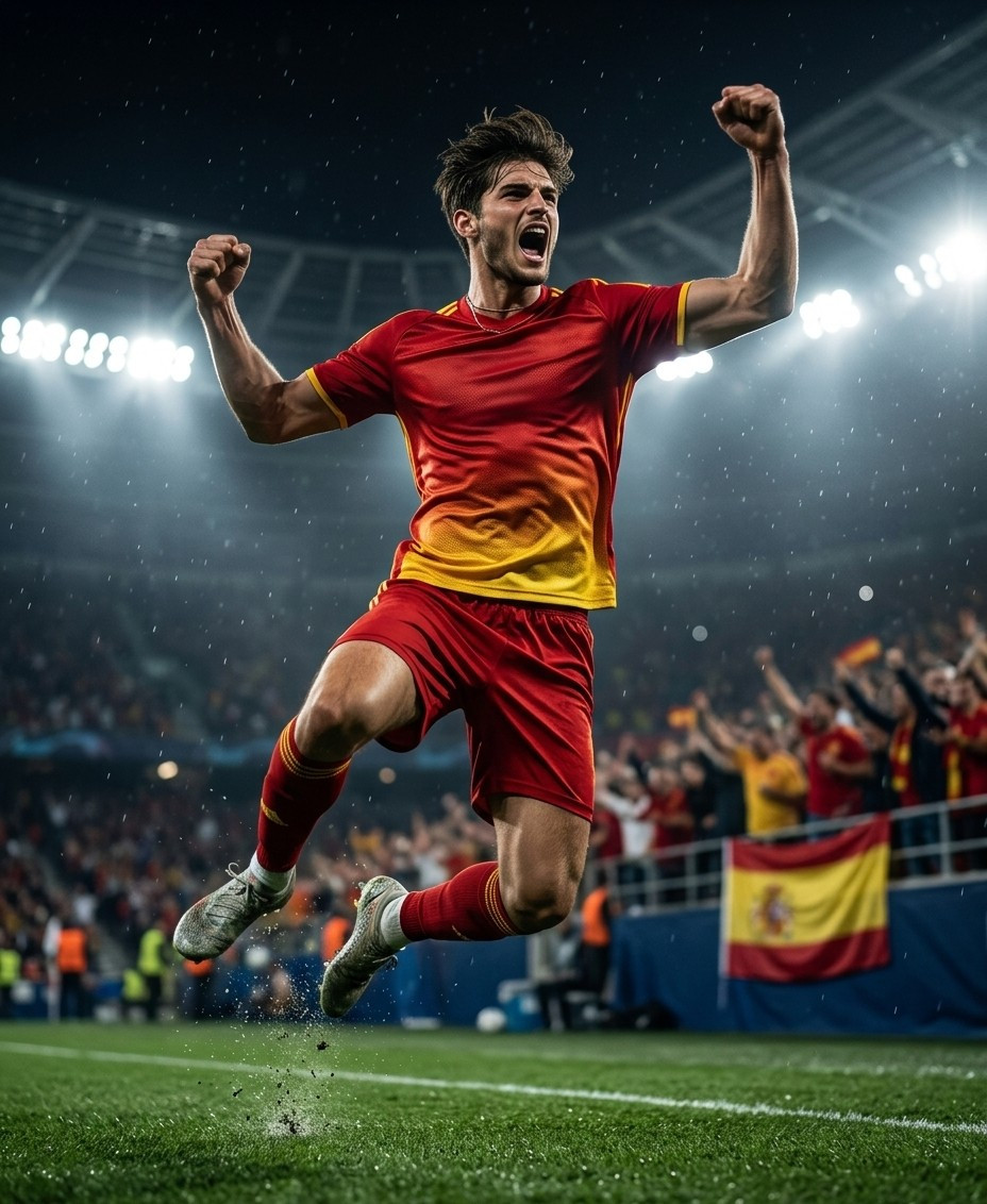 Fan flex portraits — floodlight jump celebration (Male)