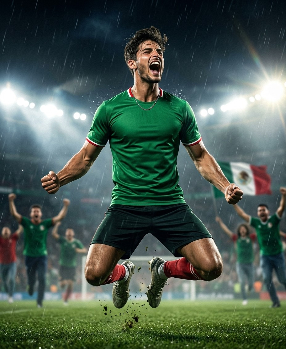Fan flex portraits — floodlight jump celebration (Male)