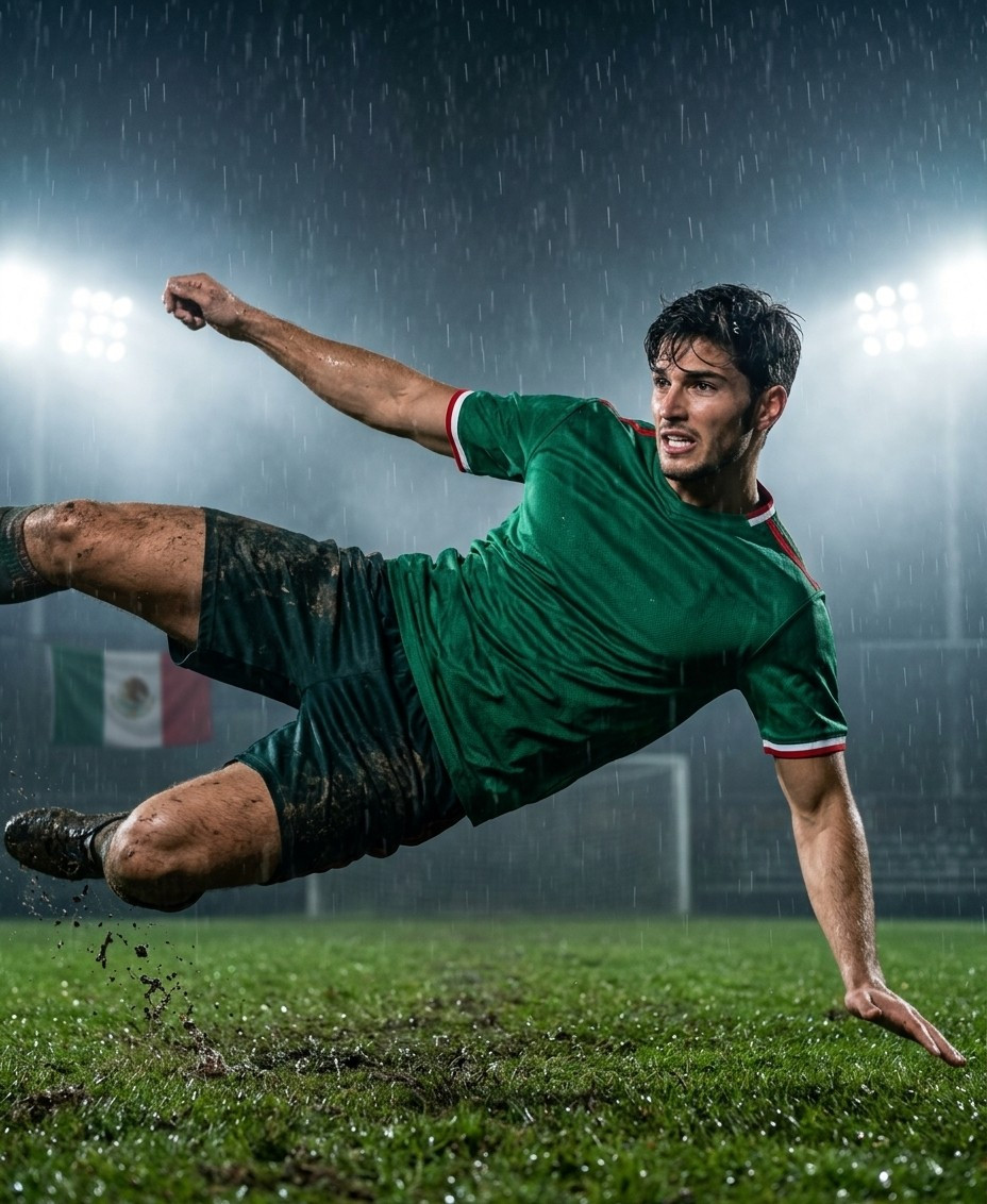 Fan flex portraits — bicycle kick under rain (Male)