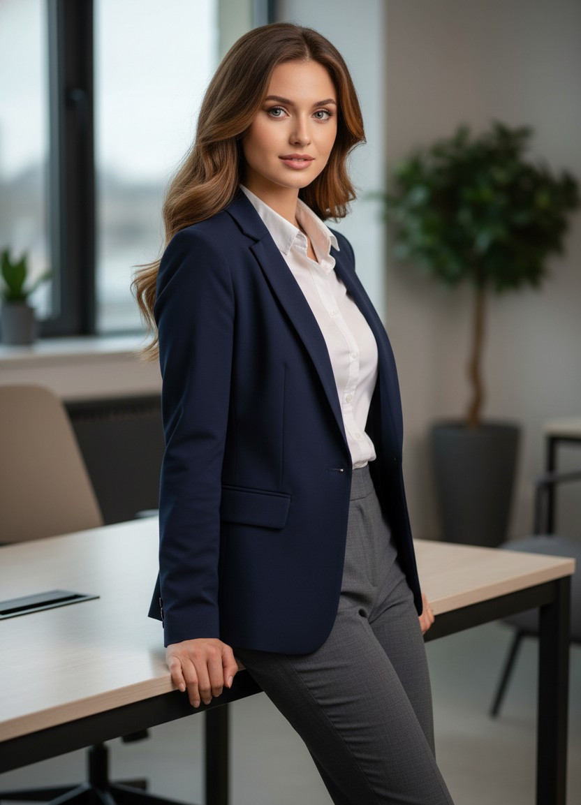 AI Headshot Pro — Leaning Desk Pose (Female)