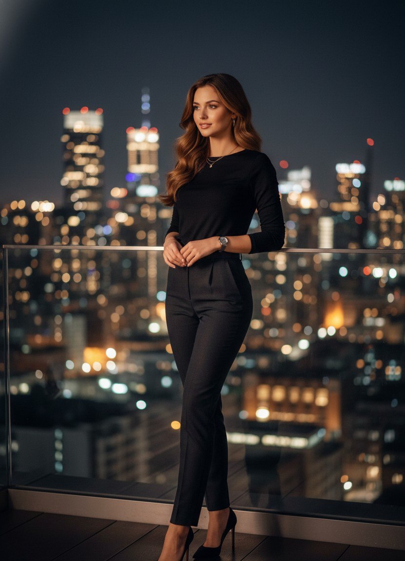 Rooftop City Views — Skyline Night Portrait (Female)