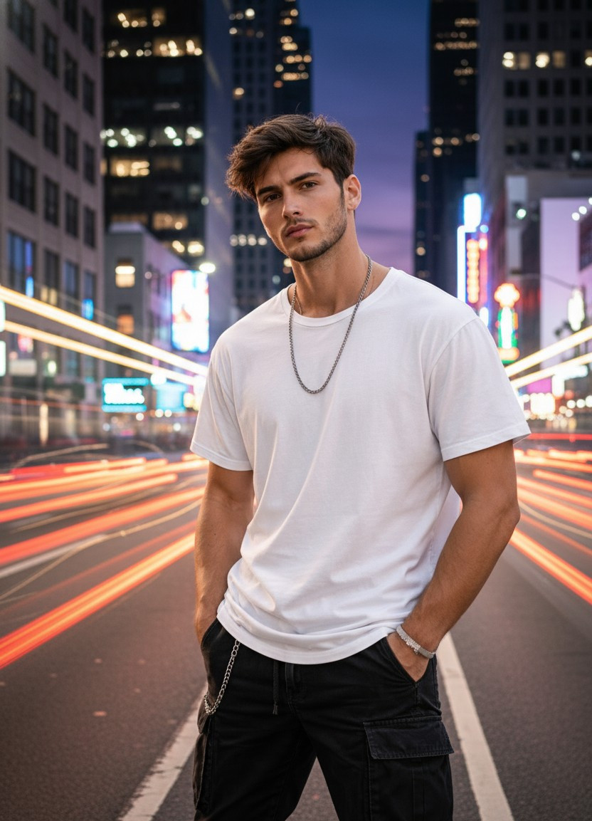 Modern City — Night Car Light Trails Portrait (Male)