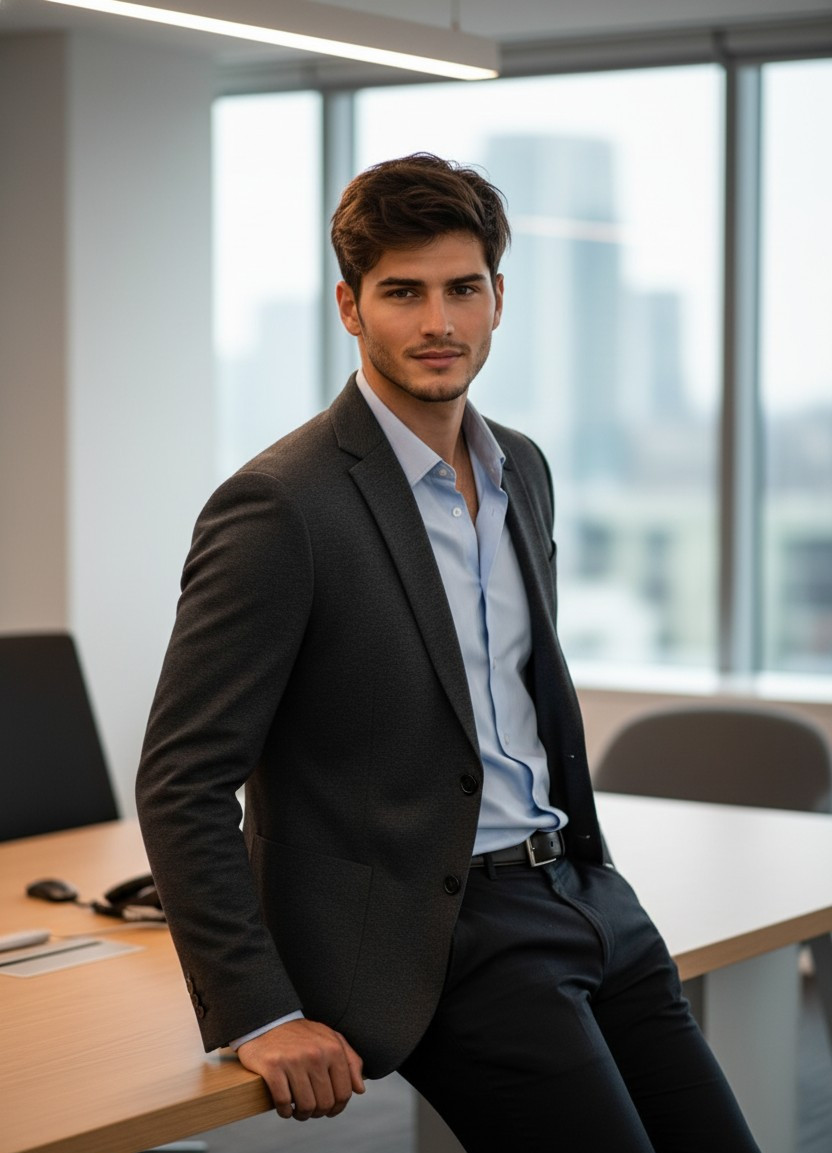 AI Headshot Pro — Leaning Desk Pose (Male)