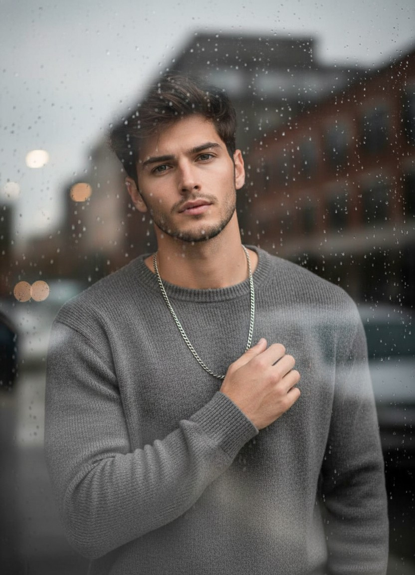 Moody Dark Aesthetic — Rain on Window Portrait (Male)
