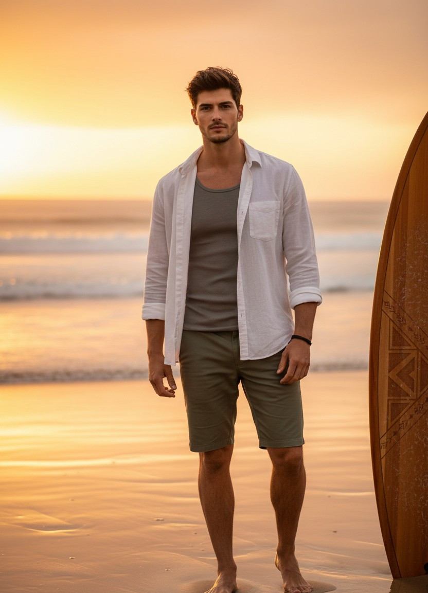 Beach & Summer Vibes — Sunset Surf Style (Male)