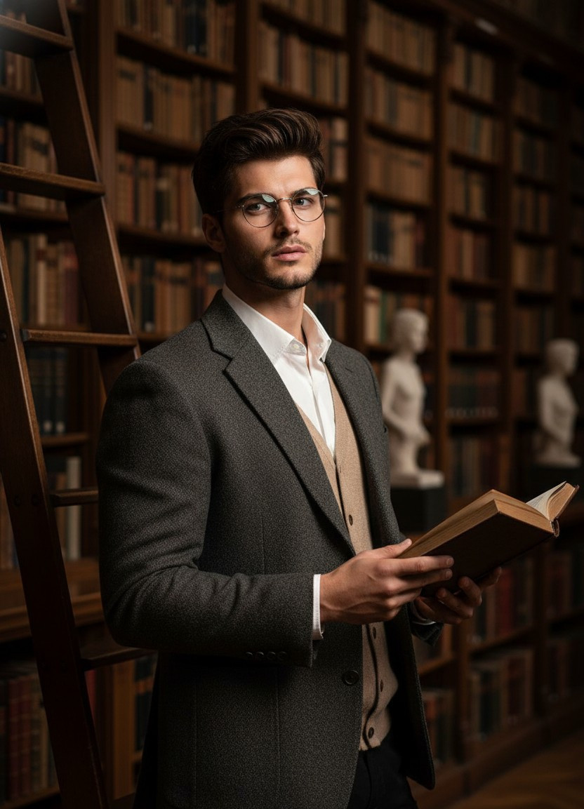 Dark Academia — Old Library Ladder Scene (Male)