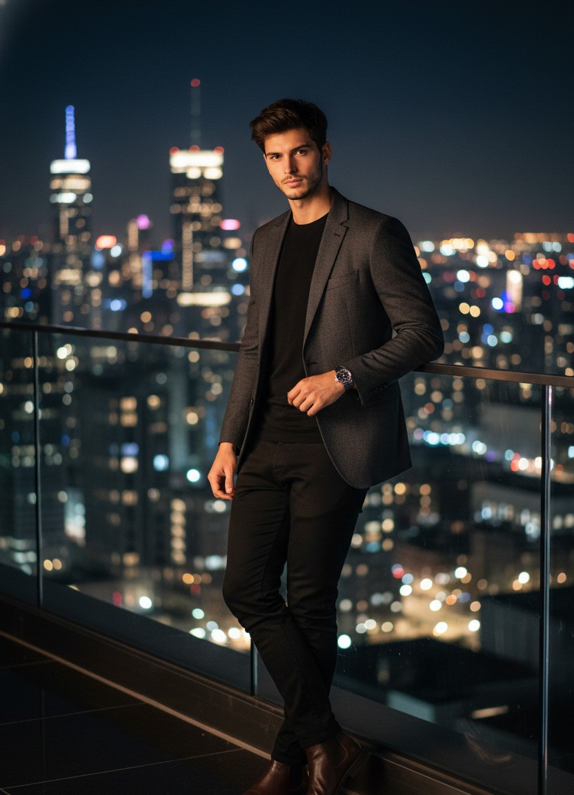 Rooftop City Views — Skyline Night Portrait (Male)